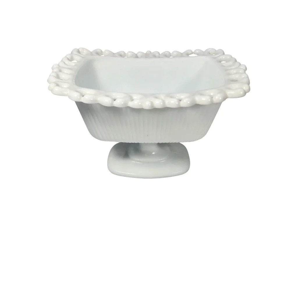 Vintage White Milk Glass Pedestal Bowl Open Lace Edge Ribbed Candy Dish Planter